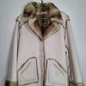 Dennis Basso Faux Fur Suede Reversible Coat Size XL Cream Pockets